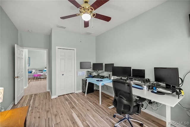 office featuring a ceiling fan, light wood-type flooring, visible vents, and baseboards