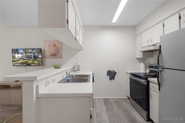 kitchen featuring white cabinets, white refrigerator, electric stove, sink, and light wood-type flooring