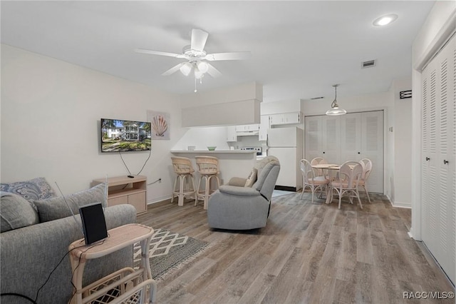 living room featuring light hardwood / wood-style flooring and ceiling fan