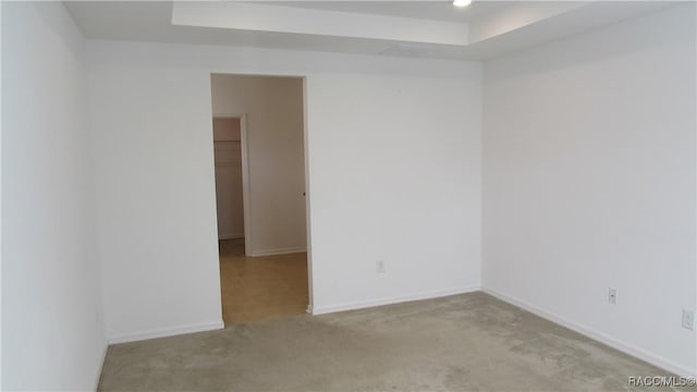 spare room featuring a tray ceiling and light colored carpet