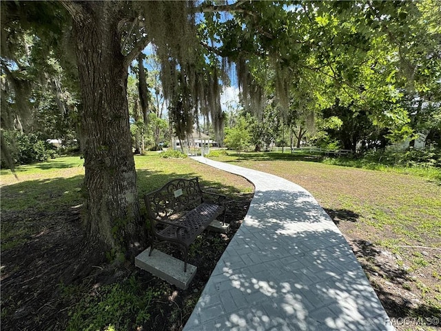 surrounding community featuring a yard and view of wooded area