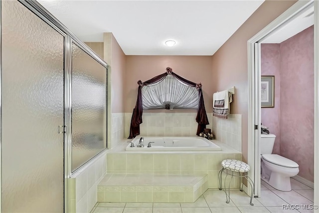 bathroom with separate shower and tub, tile patterned flooring, and toilet