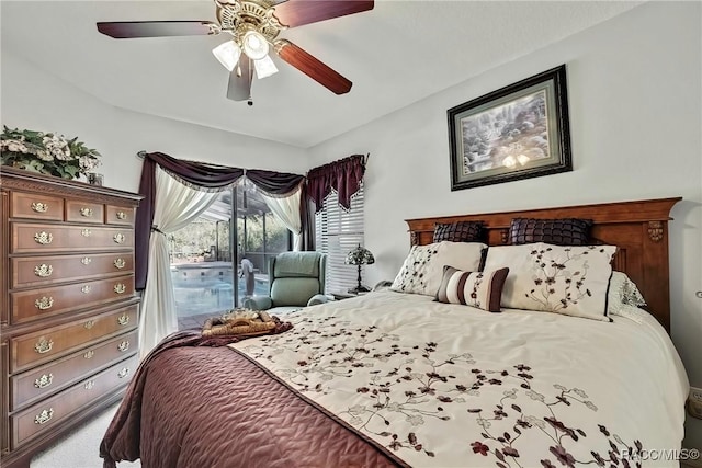 carpeted bedroom with access to outside and ceiling fan