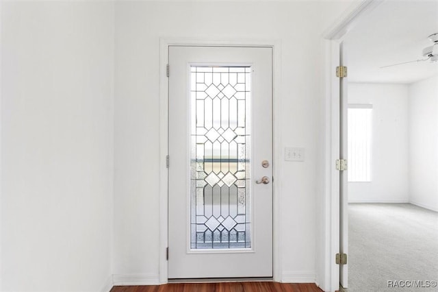 entryway with a ceiling fan and wood finished floors