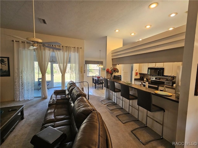 carpeted living room featuring a textured ceiling