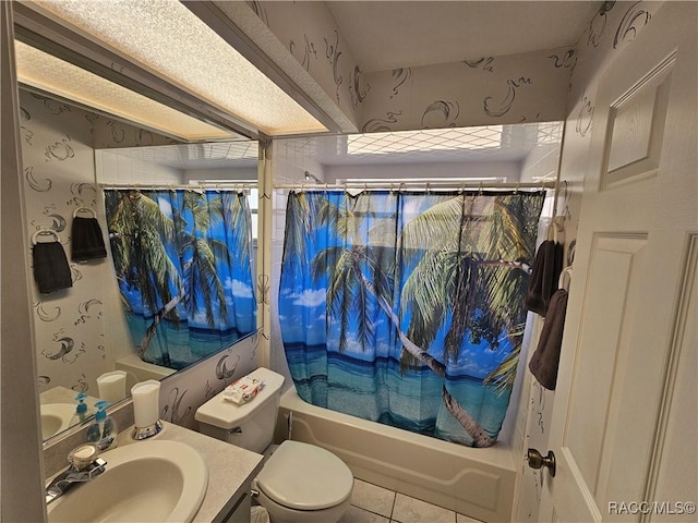 full bathroom featuring toilet, vanity, shower / bathtub combination with curtain, and tile patterned flooring