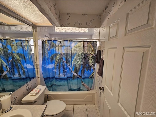 full bathroom with shower / bath combination with curtain, tile patterned floors, toilet, and vanity