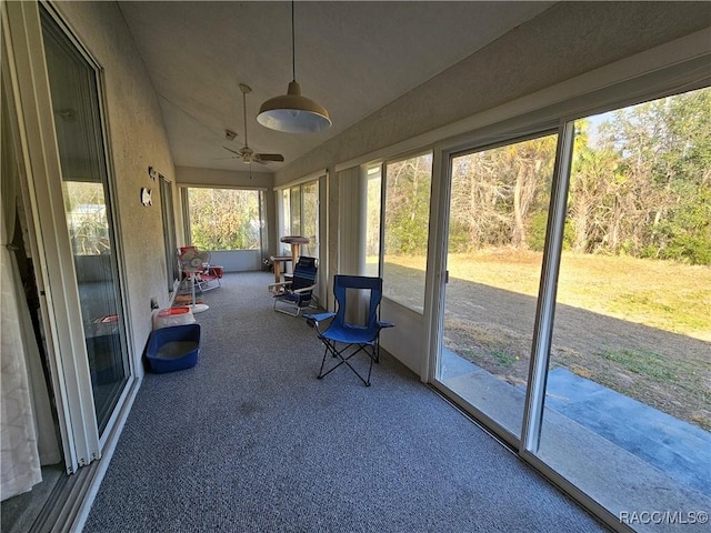 unfurnished sunroom featuring ceiling fan