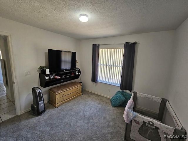 interior space with carpet and a textured ceiling