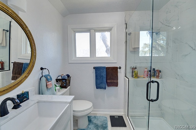 bathroom featuring an enclosed shower, vanity, and toilet