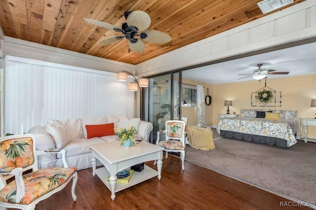 interior space featuring wood ceiling, ceiling fan, and dark hardwood / wood-style floors