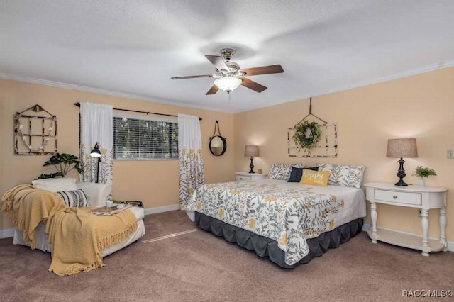 carpeted bedroom featuring ornamental molding and ceiling fan