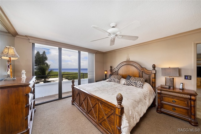 carpeted bedroom featuring access to outside, ceiling fan, crown molding, and a textured ceiling