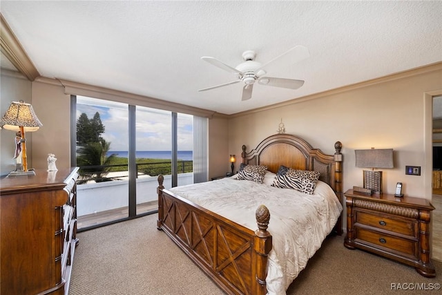 9950 S Ocean Dr Unit 302, Jensen Beach, FL 34957 - carpeted bedroom with access to outside, crown molding, ceiling fan, and a water view