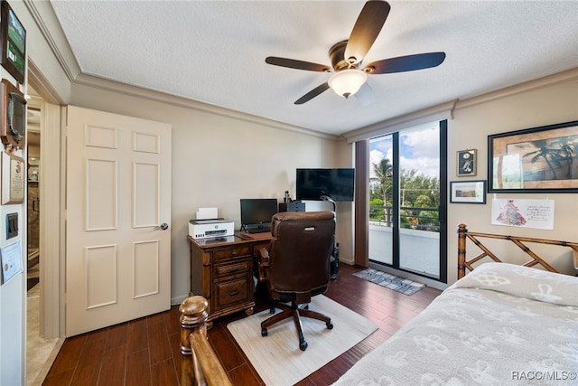 bedroom with a textured ceiling, access to exterior, ceiling fan, and dark hardwood / wood-style floors