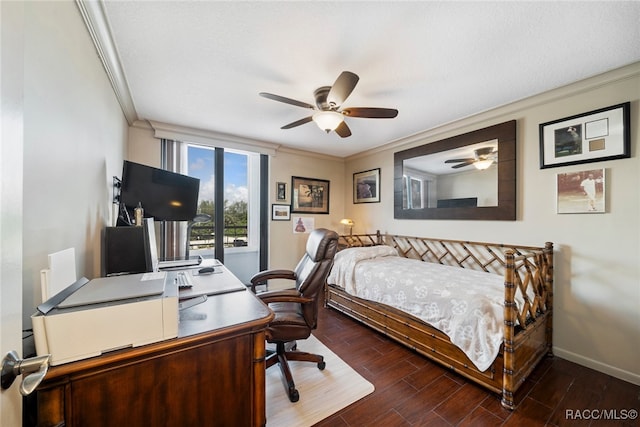 bedroom featuring ceiling fan, ornamental molding, and dark wood-type flooring