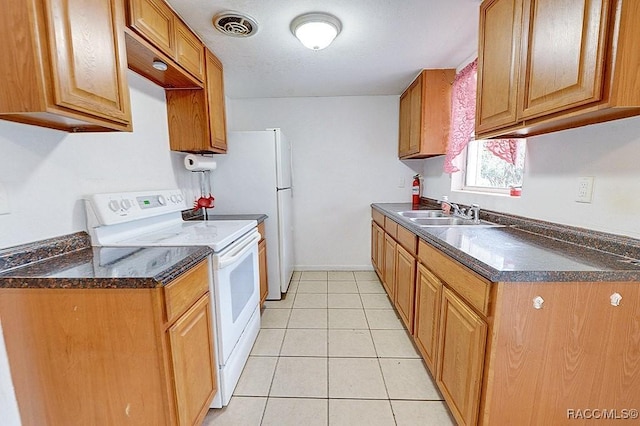 kitchen featuring brown cabinetry, visible vents, light tile patterned flooring, a sink, and electric stove