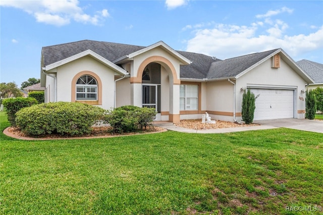 3874 E Lake Todd Dr, Hernando, FL 34442 - view of front facade with a garage, stucco siding, driveway, a front lawn, and a shingled roof