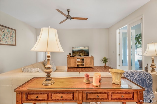 living room with ceiling fan and wood-type flooring