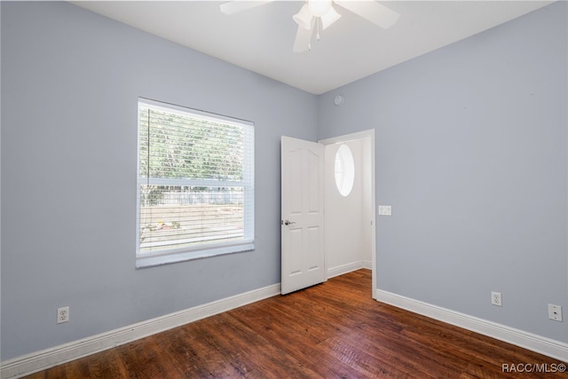 entrance foyer featuring ceiling fan and dark hardwood / wood-style floors