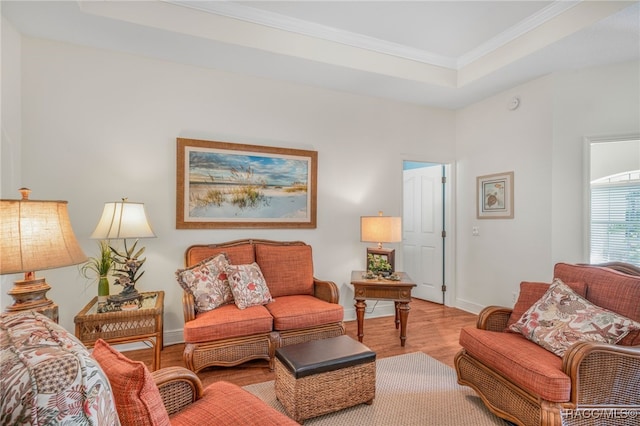 living room featuring crown molding, a tray ceiling, and light hardwood / wood-style floors