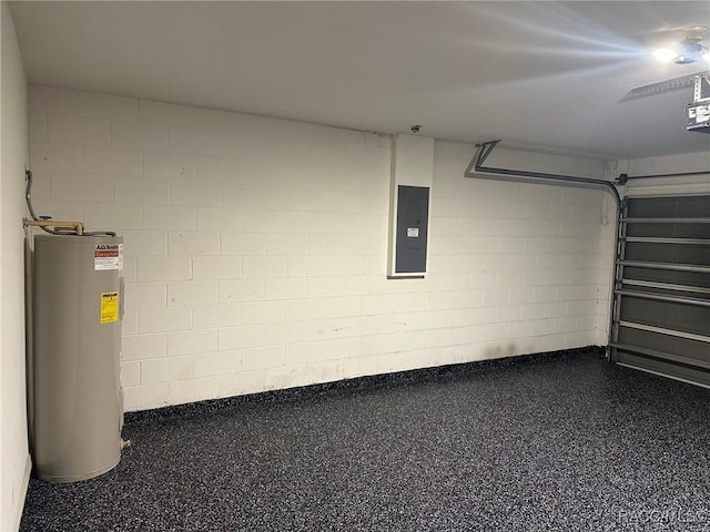 garage with electric panel and water heater