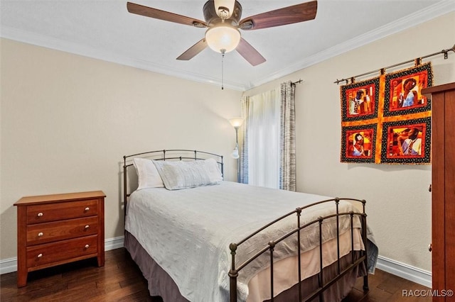 bedroom featuring crown molding, baseboards, and dark wood-style flooring