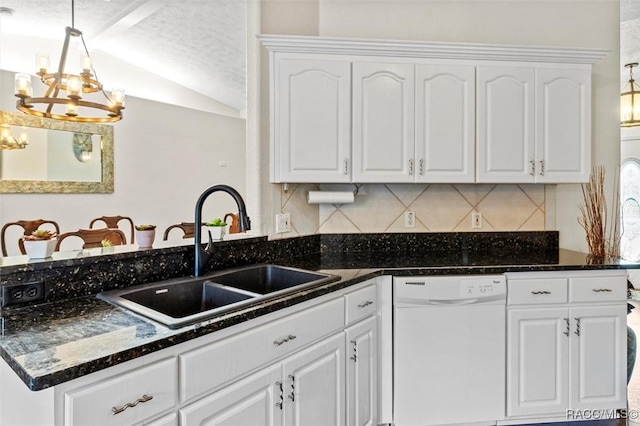 kitchen featuring a sink, white cabinets, dishwasher, and decorative light fixtures