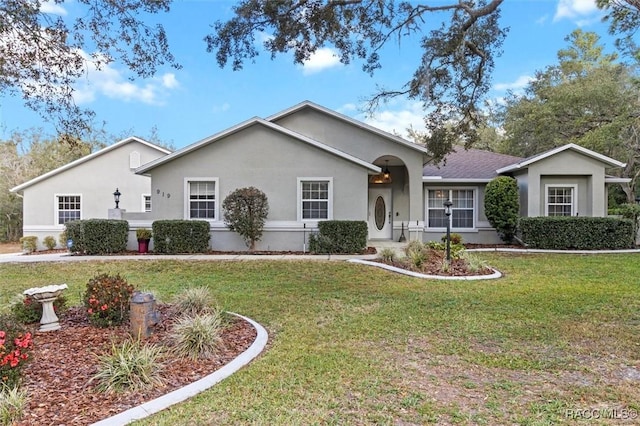 ranch-style house with a front lawn and stucco siding