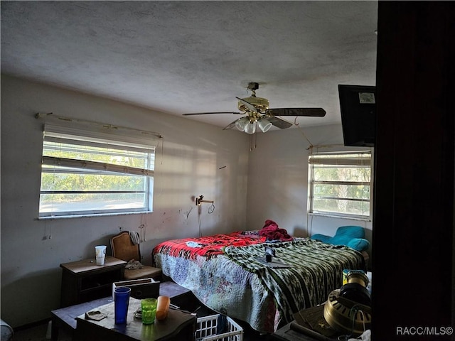 bedroom featuring multiple windows, ceiling fan, and a textured ceiling