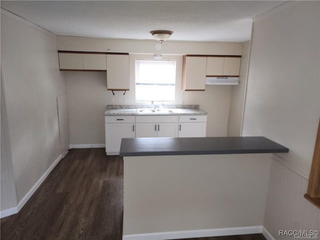 kitchen featuring baseboards, dark wood-style flooring, under cabinet range hood, white cabinetry, and a sink