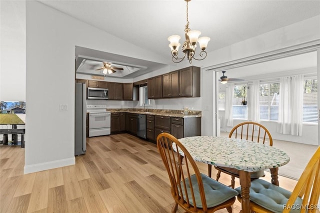 kitchen featuring light wood finished floors, a raised ceiling, light countertops, appliances with stainless steel finishes, and dark brown cabinetry