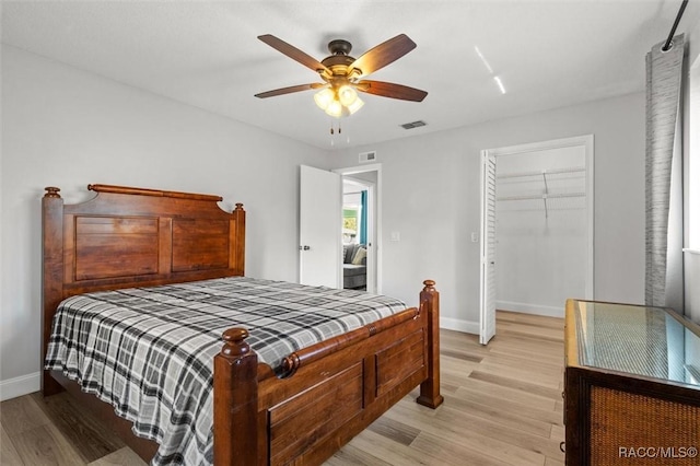 bedroom with light wood-type flooring, visible vents, and baseboards