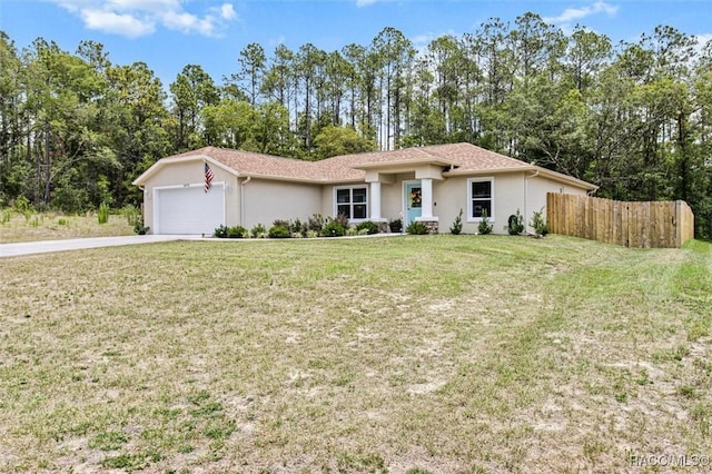 9973 N Chelic Dr, Citrus Springs, FL 34434 - view of front of home with a garage, stucco siding, concrete driveway, and view of wooded area