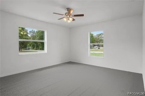 spare room with ceiling fan, plenty of natural light, and carpet