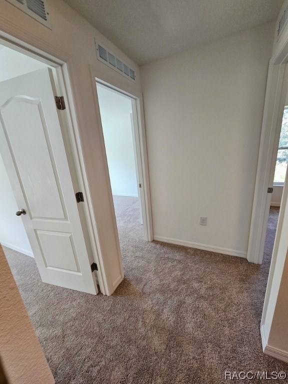 hallway featuring a textured ceiling and carpet floors