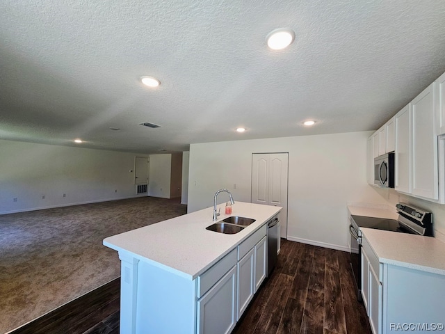 kitchen with appliances with stainless steel finishes, sink, dark wood-type flooring, and an island with sink