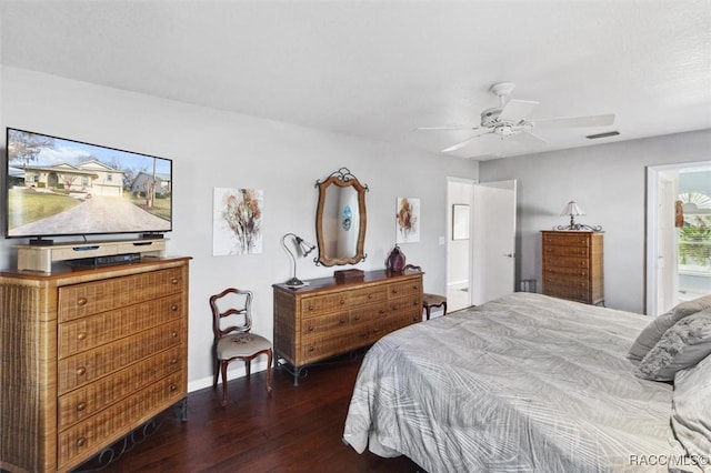 bedroom featuring dark hardwood / wood-style floors and ceiling fan