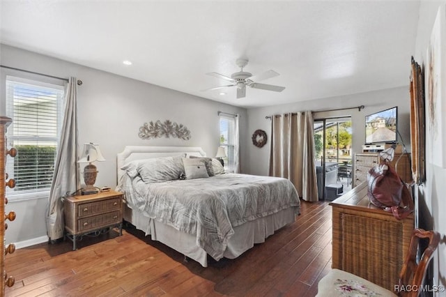 bedroom with dark wood-type flooring, access to exterior, and ceiling fan