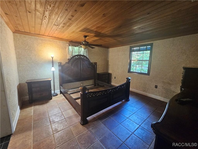 bedroom with tile patterned floors and wood ceiling