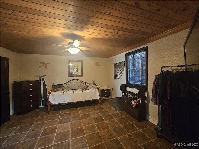 bedroom featuring ceiling fan and wood ceiling