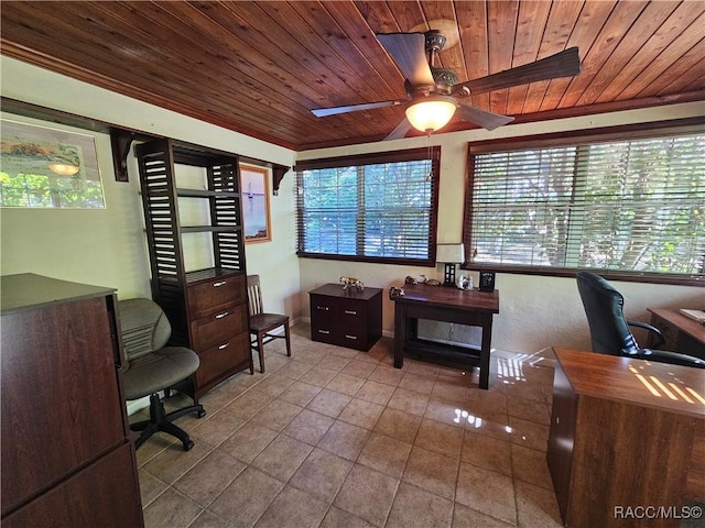 tiled office with ceiling fan and wood ceiling