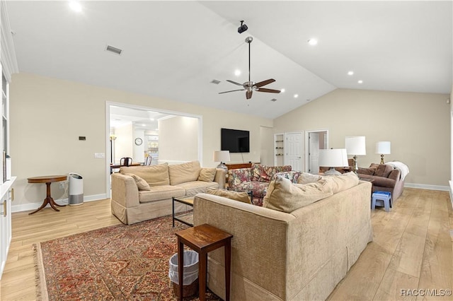 1200 N Annapolis Ave, Hernando, FL 34442 - living room with light wood-style floors, ceiling fan, high vaulted ceiling, and recessed lighting