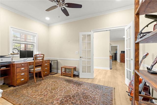 1200 N Annapolis Ave, Hernando, FL 34442 - office with french doors, crown molding, light wood-style flooring, a ceiling fan, and recessed lighting