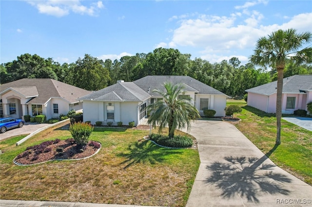 ranch-style home featuring stucco siding, concrete driveway, and a front lawn