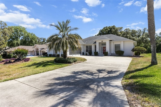 view of front of home featuring curved driveway, a front lawn, and stucco siding