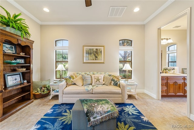 interior space featuring crown molding, plenty of natural light, and light tile patterned flooring