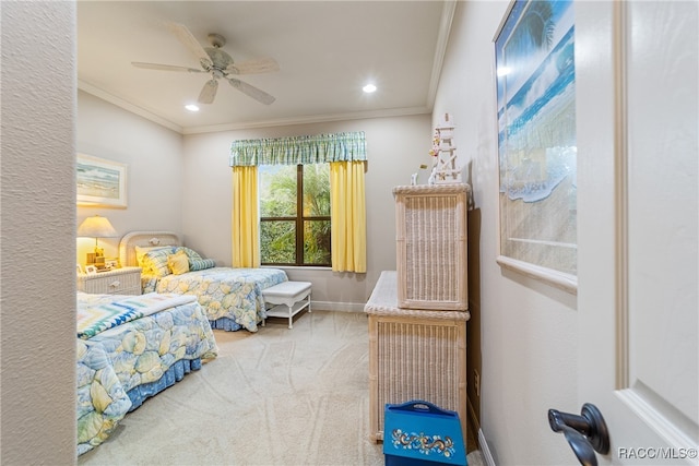 bedroom with carpet flooring, ceiling fan, and ornamental molding