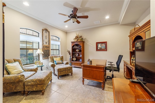 tiled office with ceiling fan and crown molding