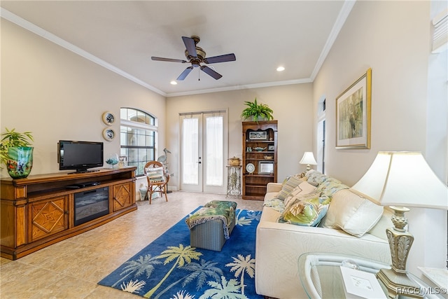 living room with ceiling fan, french doors, and crown molding